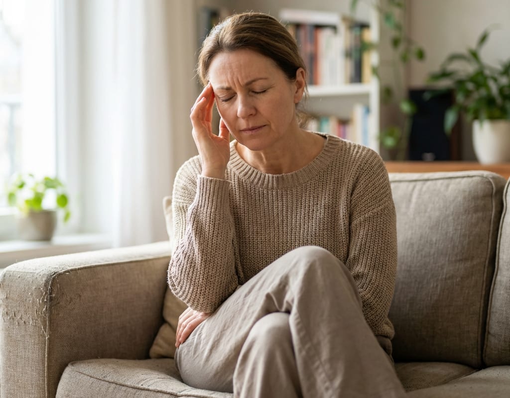 Frau haelt sich den Kopf wegen Kopfschmerzen als moegliches Symptom von Bluthochdruck